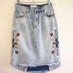 One Teaspoon Floral Embroidered Denim Skirt Fringe Hem Retro Boho  US Size 26